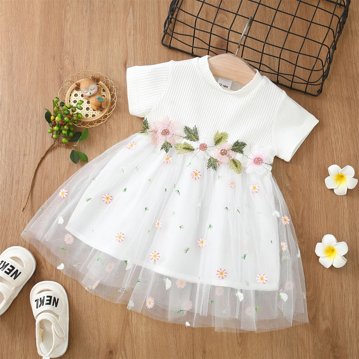 Summer Baby Dress Little Girl 3d Embroidery Flower Mesh Knitted Princess Party Birthday Clothes Toddler Daily Sweet Clothes