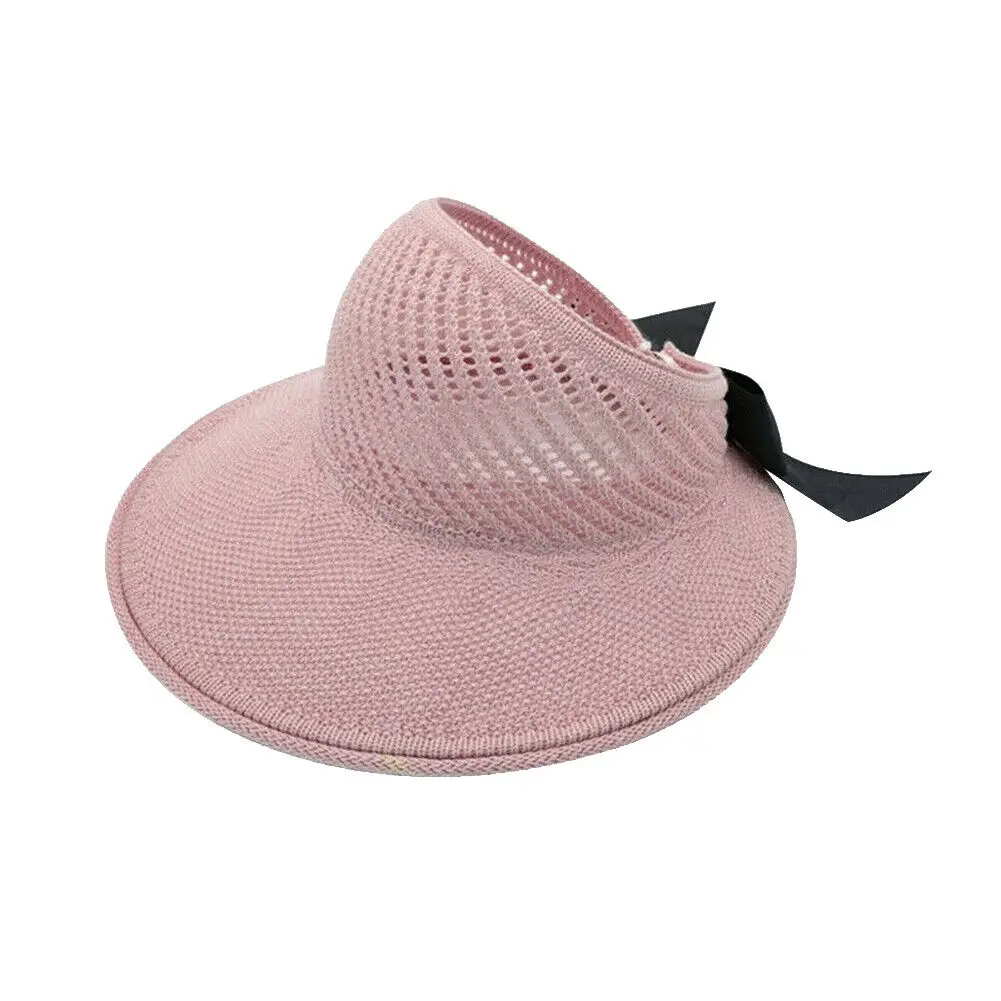 Women Sun Hat Portable Foldable Wide Beach Hat Women Empty Top Visors Cap Bow Tie Breathable Hat Foldable Anti-UV Female Cap