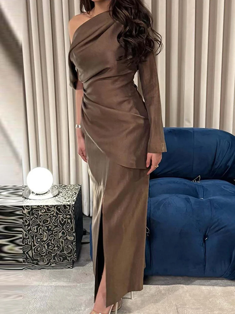 섹시한 사선 어깨 드레이프 가운 롱 드레스 여성 우아한 하이웨이스트 솔리드 파티 드레스 패션 원 슬리브 스플릿 슬림 맥시 드레스