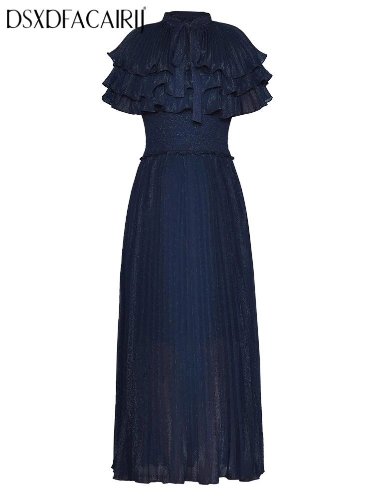 

DSXDFACAIRIJ Vintage Pleated Dress Solid Color Lace-up Square Collar Cape Sleeves Long Style for Women Spring Fashion
