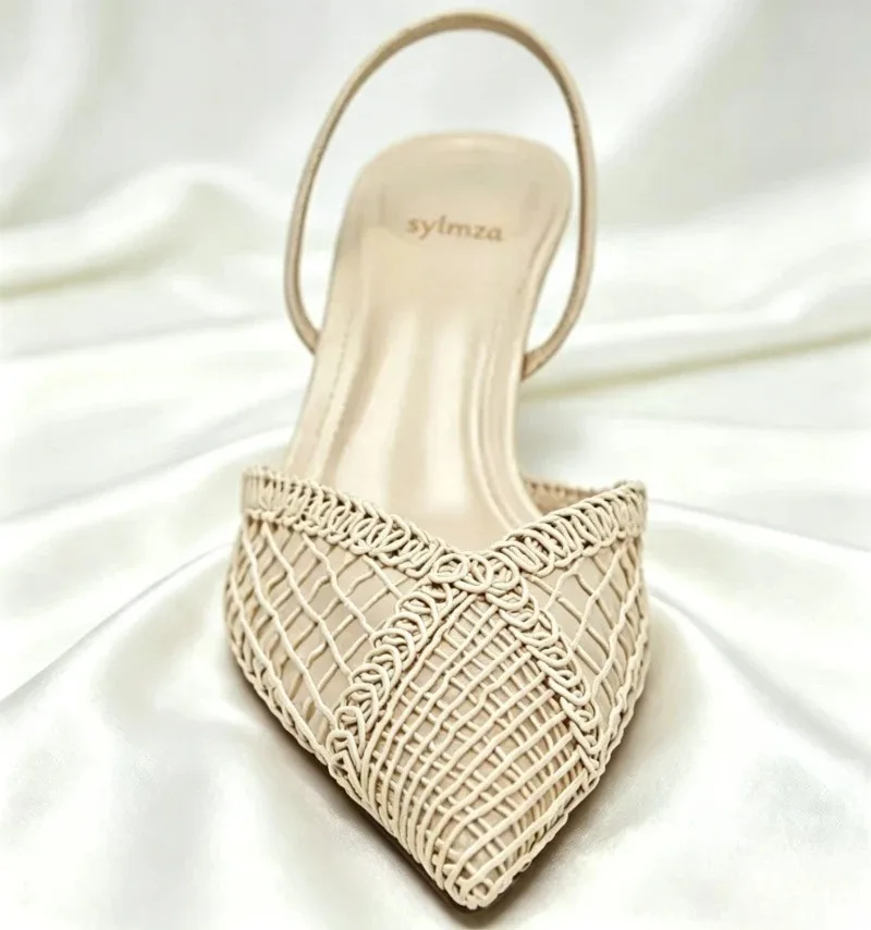 Elegant Mesh Woven High Heels for Women Sexy Pointed Toe Back Strap Breathable Summer Sandals Luxury Banquet Evening Dress Heels