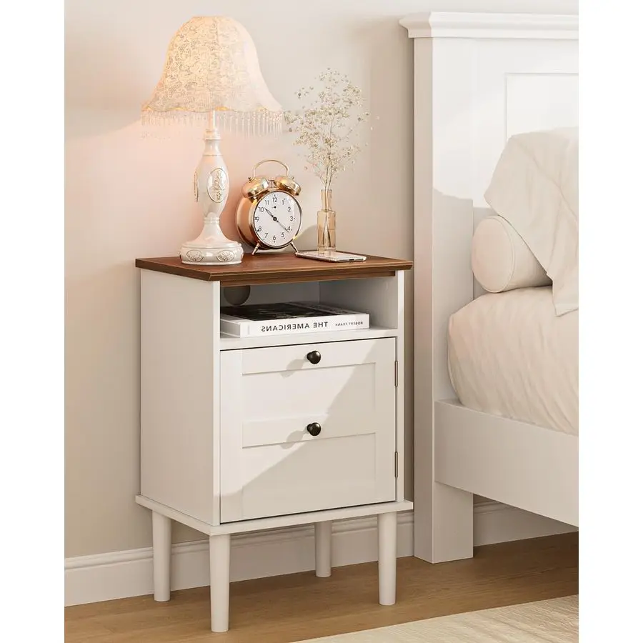 

Boho Night Stand with 1 Drawer, Modern Side Accent Table with Open Shelf, Wooden Top Bedside End Table for Bedroom, Living Room,