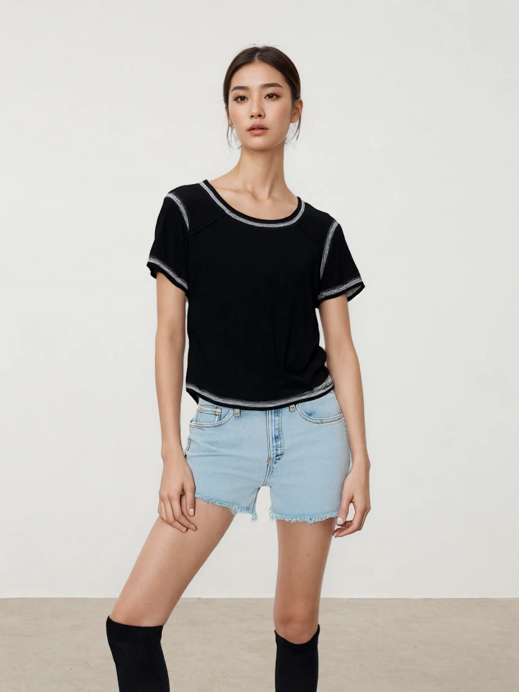 

Slim Fit ort Sve round Ne T-irt Women's Summer New Sle BLOOM WORLD Commute Sle Splice Pure Color Sweat ng