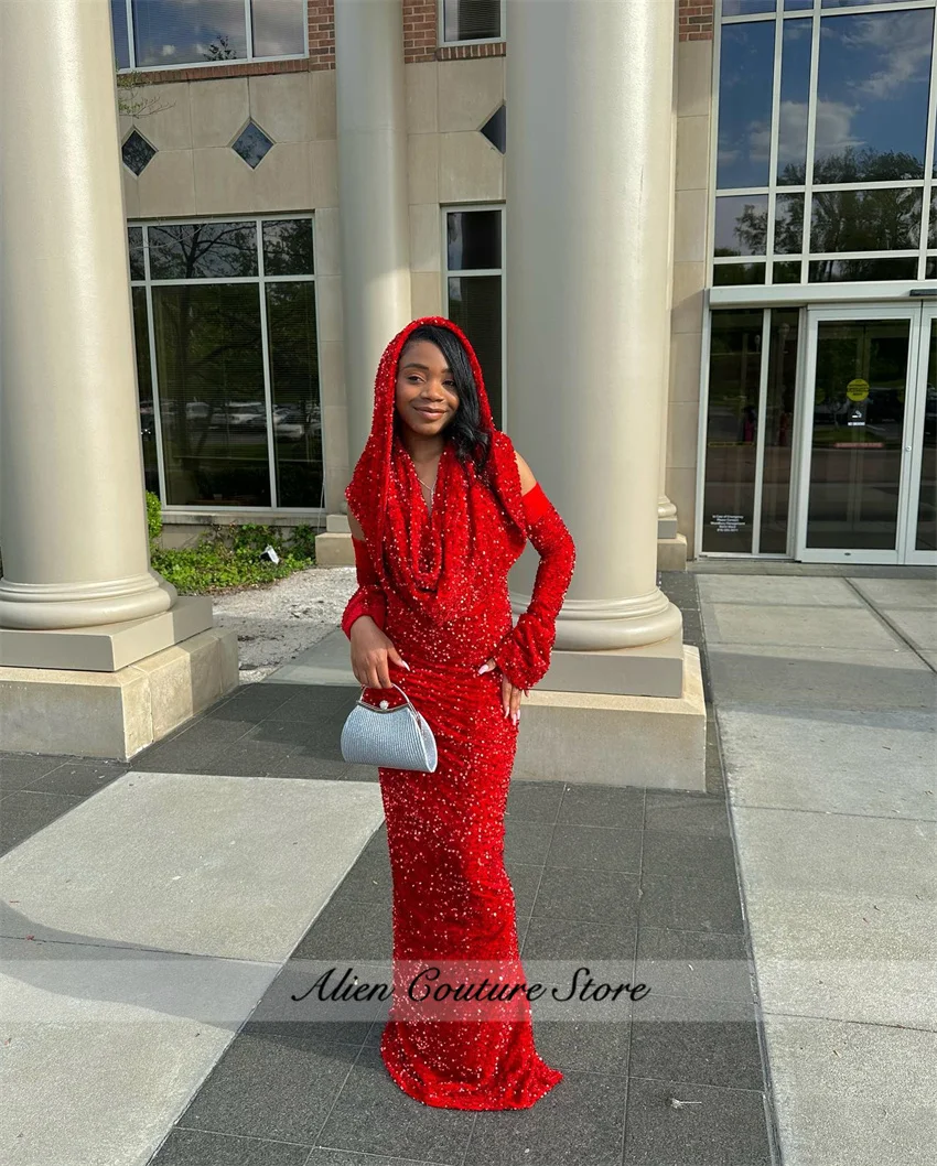 Abiti da ballo rossi Glitter 2025 con mantello due guanti con scollo a v paillettes abito da festa formale festa di ricevimento di nozze personalizzata