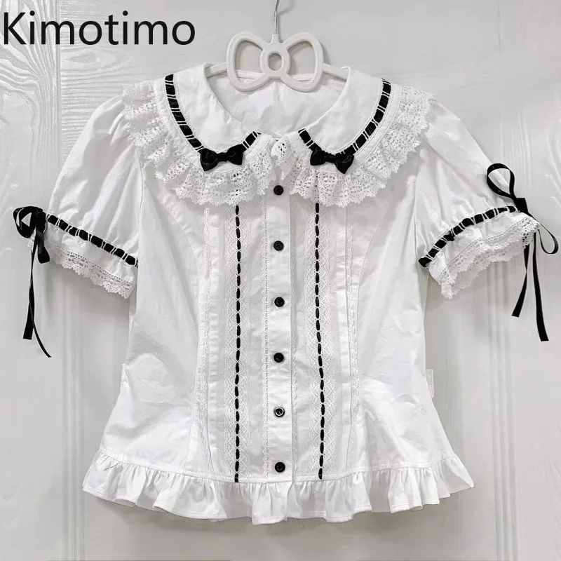 Kimotimo Lolita Cute Short Sleeve Shirt Women Vintage Lace Patchwork Bow Lapel Button Ruffle Crop Top Japanese Y2k Sweet Blouse