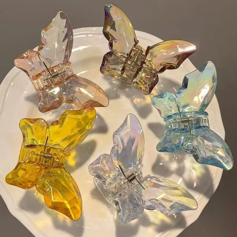 Transparent Butterfly Hair Clip Women Summer Crystal Mermaid Dazzling Color Clip Shark Clip on The Back of The Head