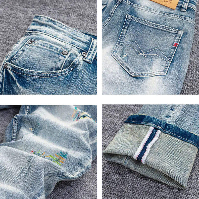 Fashion Designer Men Jeans High Quality Retro Light Blue Stretch Slim Fit Ripped Jeans Men Streetwear Vintage Denim Pants Hombre