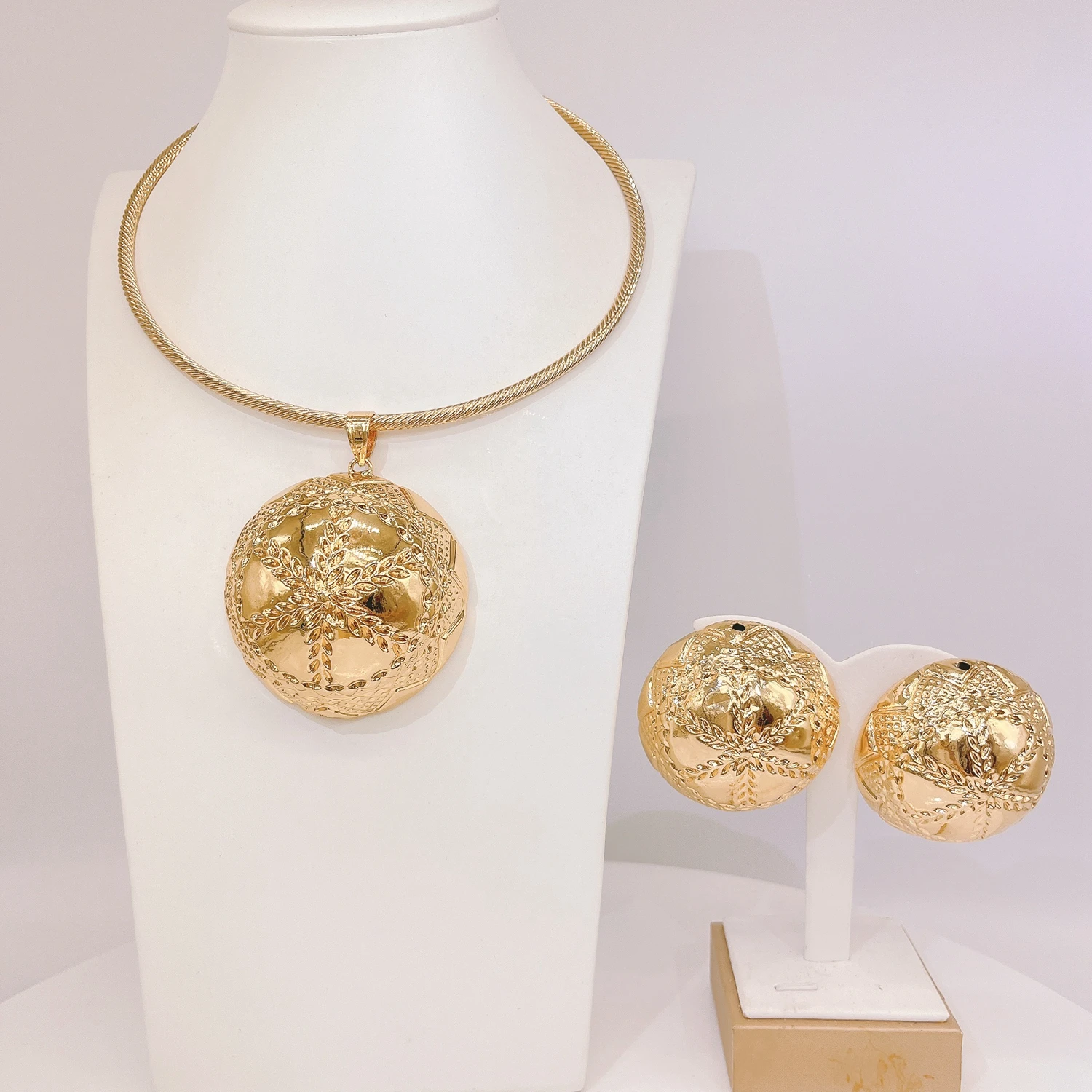 

New In Big Pendant Accessories Bridal Luxury Wedding Jewelry High Quality 24K Gold Plated Women Two Pieces Jewelry Set Earrings