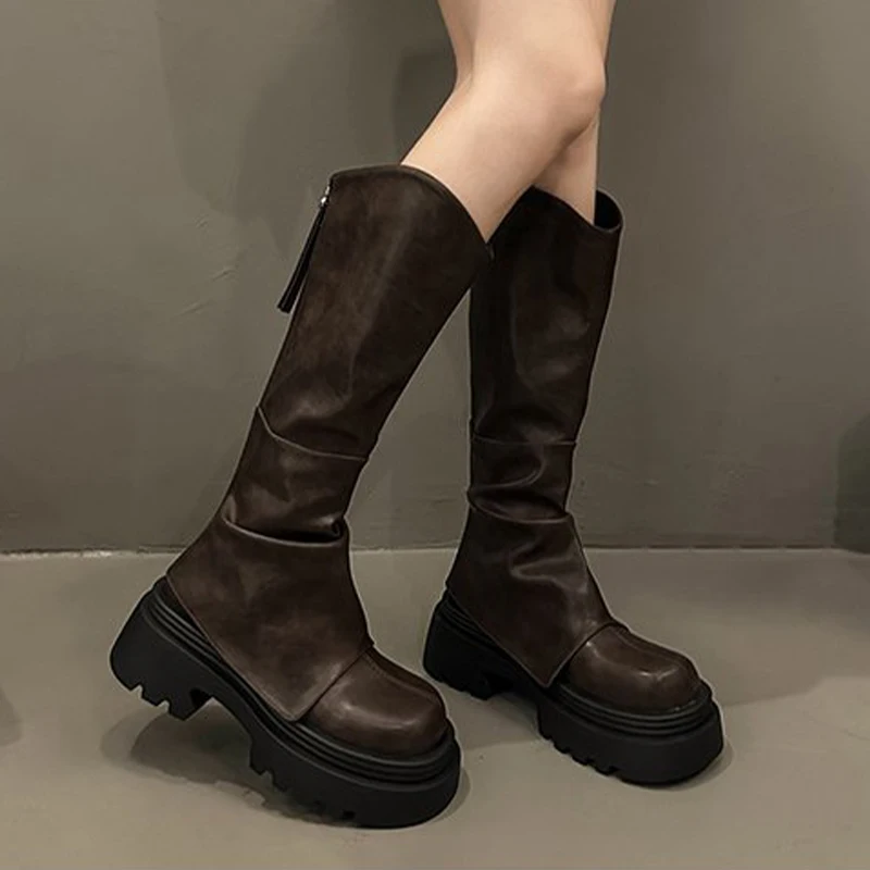 

Женские сапоги до колена на плоской подошве, теплые зимние сапоги, обувь на платформе, зима 2024, трендовая дизайнерская кожаная обувь, прогулочная спортивная обувь Mujer Botas
