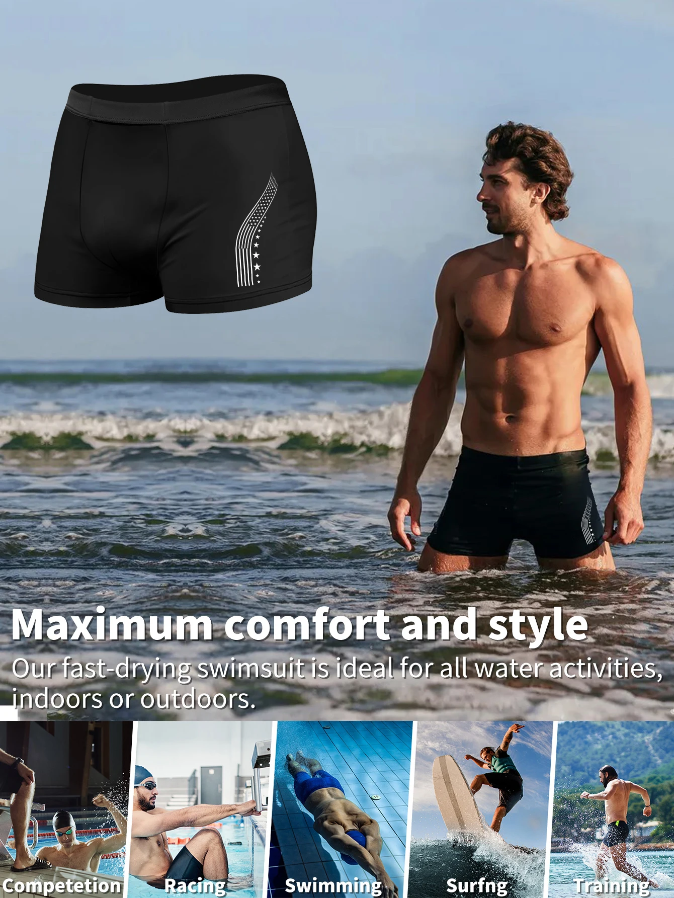 Slim Printed Swim Trunks for Men, Breathable Quick Dry Fabric with Drawstring Waist, Stylish Swimwear for Outdoor Swimming Beach image 6