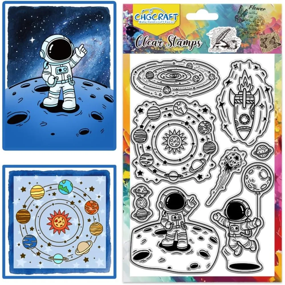 Transparente Stempel mit Astronauten-Motiv, transparente Stempel mit Galaxien-Motiv, transparente Stempelsiegel mit Planeten-Motiv für DIY-Scrapbooking, Fotoalbum-Dekoration
