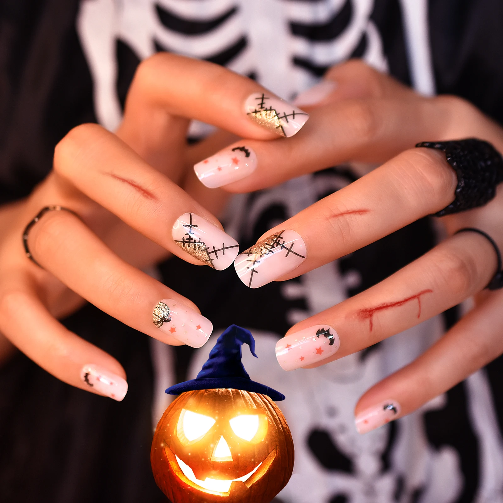 Medium Squoval Press On Nail Tips Fiddlesticks Ancient Fear Pattern Cos In Halloween Manicure At Home Holiday Wear For Kids