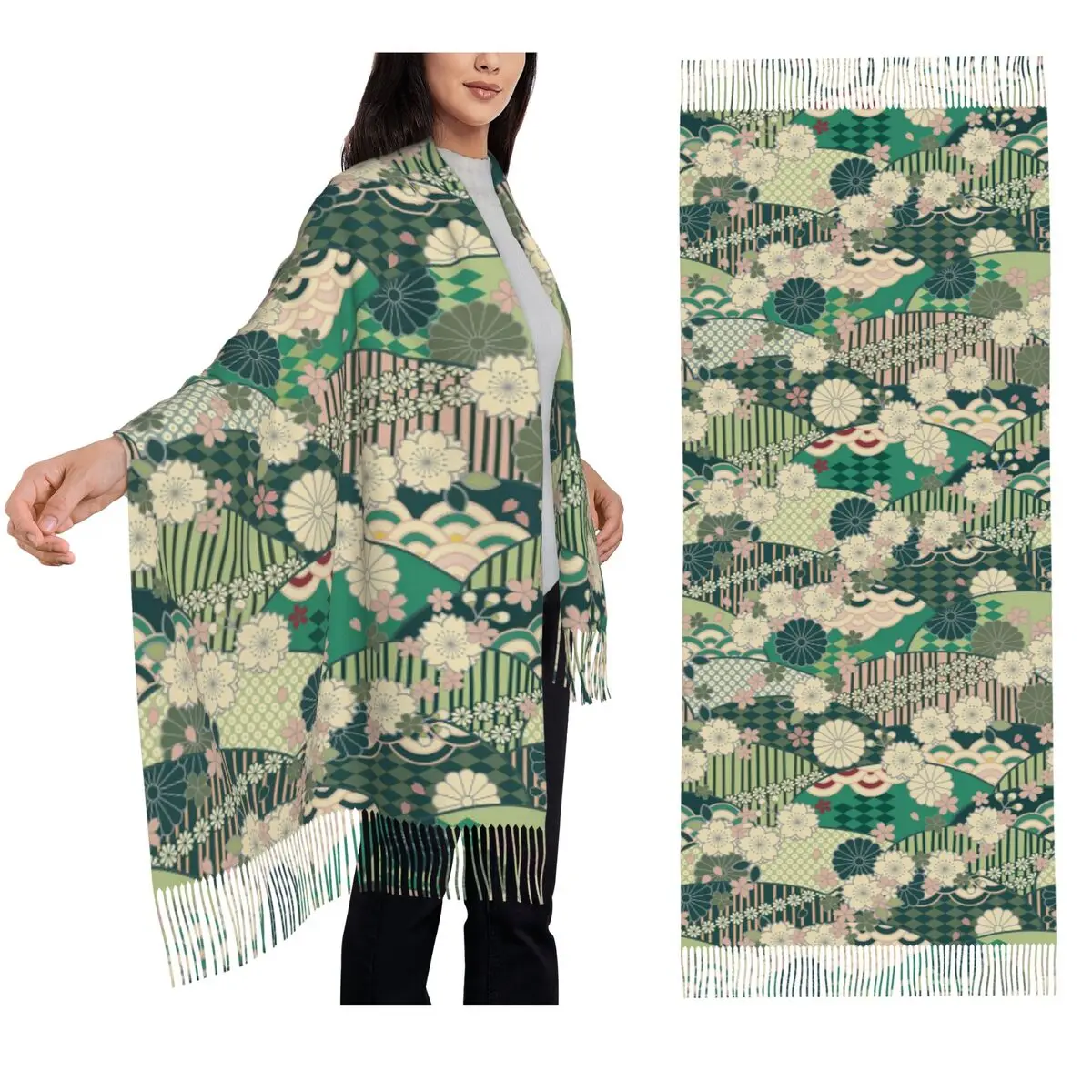 كيمونو ياباني نمط وشاح شرابة الأوشحة النساء شالات دافئة ناعمة ويلتف طويل الخريف الشتاء شال التفاف #2