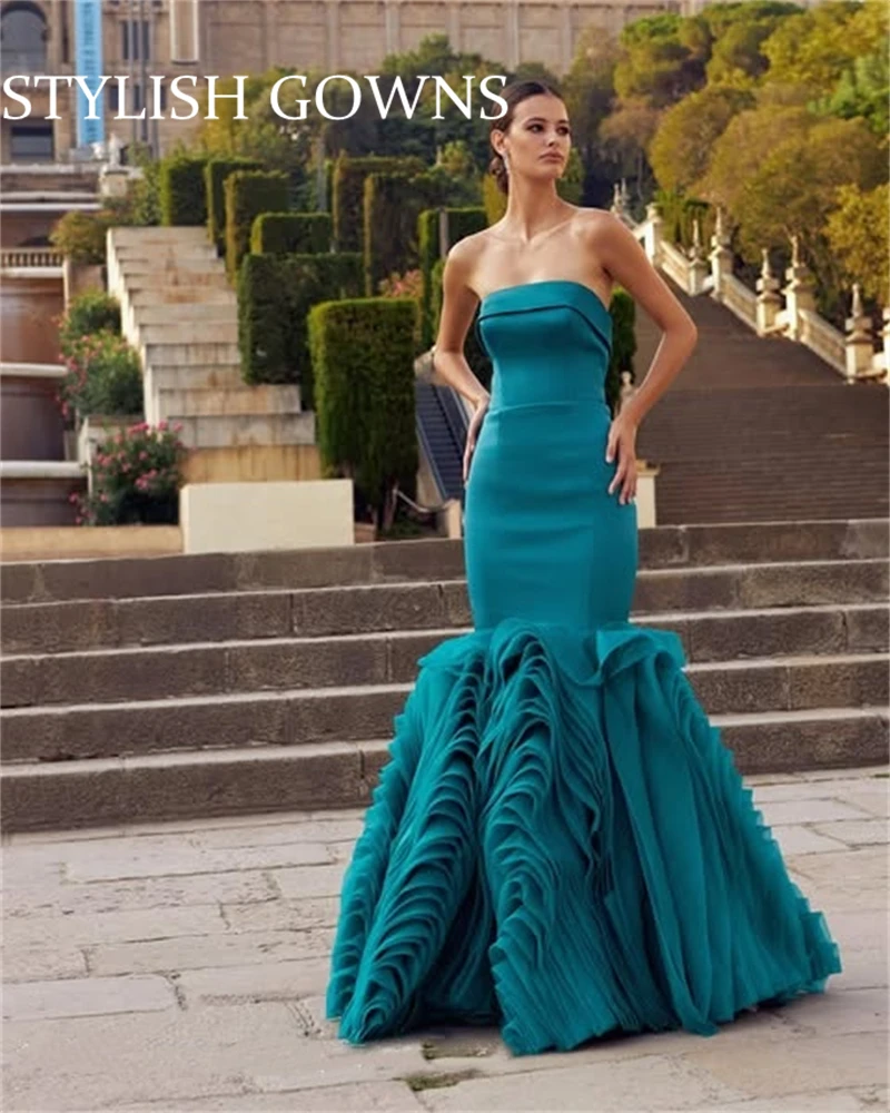 

Saudi Arabia Blue Strapless Mermaid Evening Dress with Tiered Ruffles for Women Wedding Party Formal Gown Customized جديد في الأ