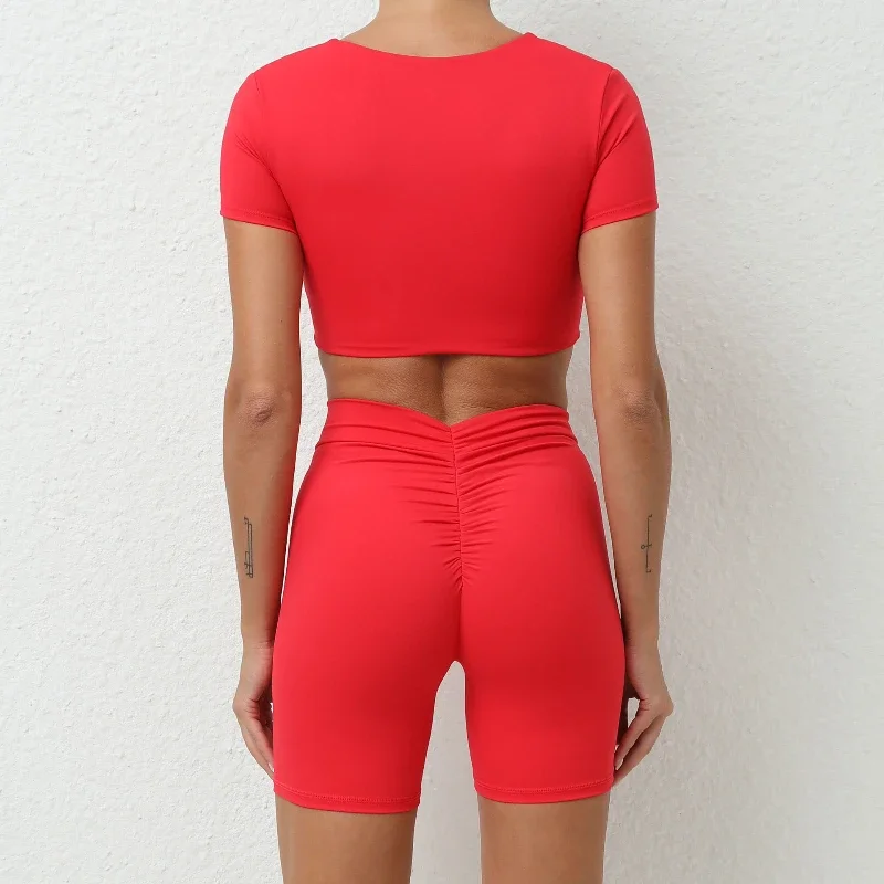 Seamless Yoga Sets Sports Fitness Hip-lifting Shorts Cross V-neck Short-Sleeved Suit Workout Clothes Gym Leggings Set for Women