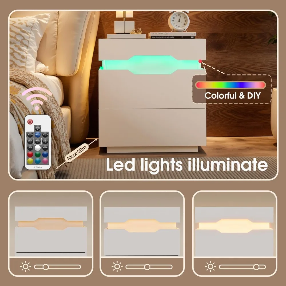 طقم طاولات ليلية مكون من قطعتين مع قاعدة شحن وسطح منزلق، وطاولة جانبية بسعة كبيرة، وطاولة بجانب السرير مع درجين