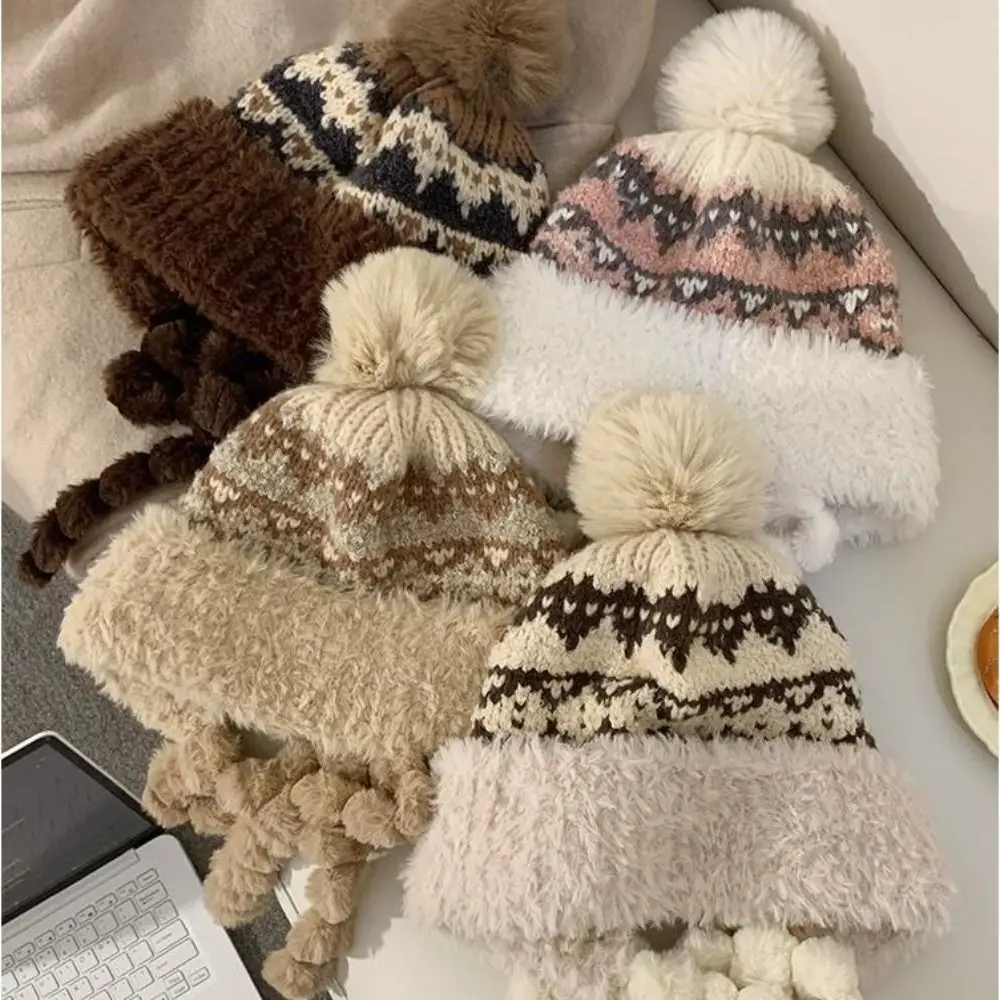 New Warm Warm Ear Protection Hat Cute Thick Bear Ears Hat Pompom Fluffy Ethnic Style Bucket Hat for Women