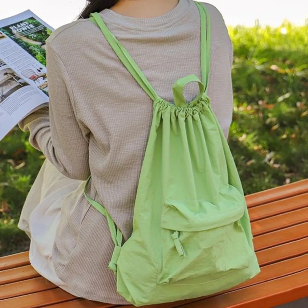 Portable Nylon Drawstring Backpack Large Capacity Solid Color Shoulders Backpack Casual Small Gym Bag - view 5