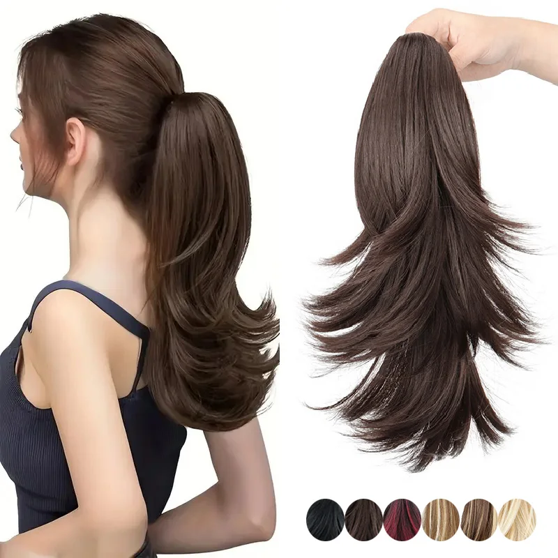 

14-дюймовый синтетический короткий многослойный вьющийся хвостик для наращивания волос, заколка для волос, черный, коричневый, светлый, шиньон для женщин