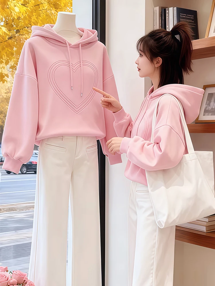 

Новая розовая толстовка 2026 года: женский модный корейский дизайн, стильный топ, осенне-зимняя одежда, повседневный свободный крой, свитшот с длинными рукавами