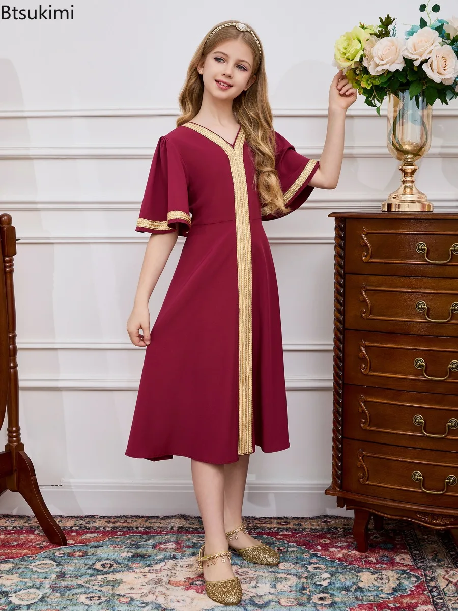 Muslim Fashion Abayas Kids Ramadan Prayer Robe Girls Short Sleeve Casual Dress Arab Dubai Child Eid Enfant Holiday Prom Costumes