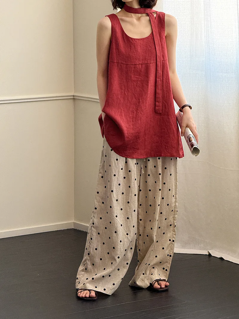

Summer Korean linen vest, fashionable versatile round neck loose women's T-shirt, casual slimming flowing linen vest for women