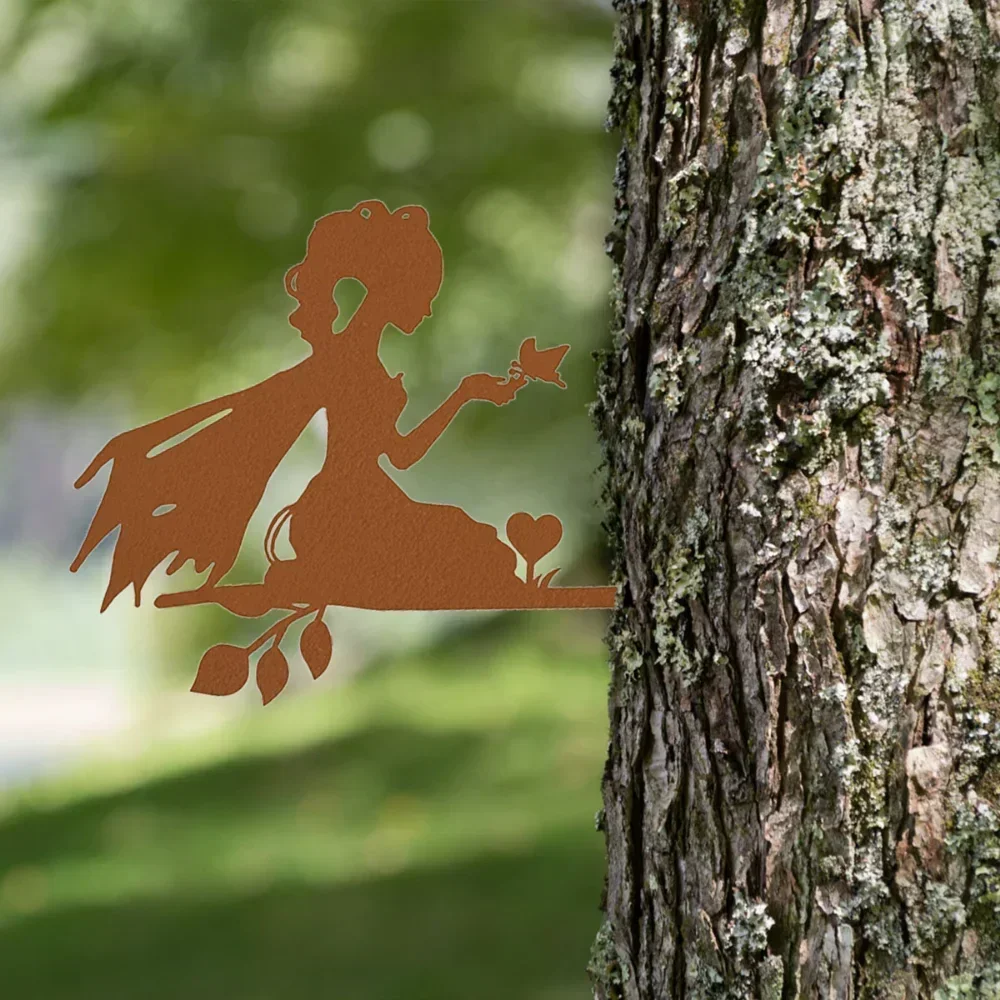 

1pc Enchanting Elf Princess on Branch Steel Silhouette Metal Wall Art- Add Magic with this Charming Elf Princess on Branch Steel