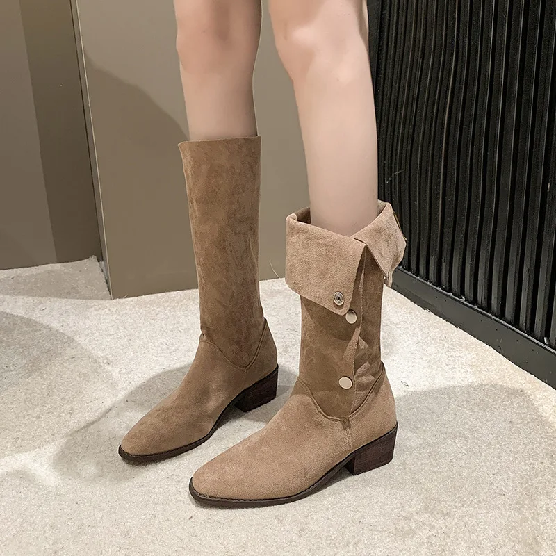 Botas de ante con tacón grueso para mujer, zapatos altos antideslizantes, cálidos, con hebilla, para primavera, 2024