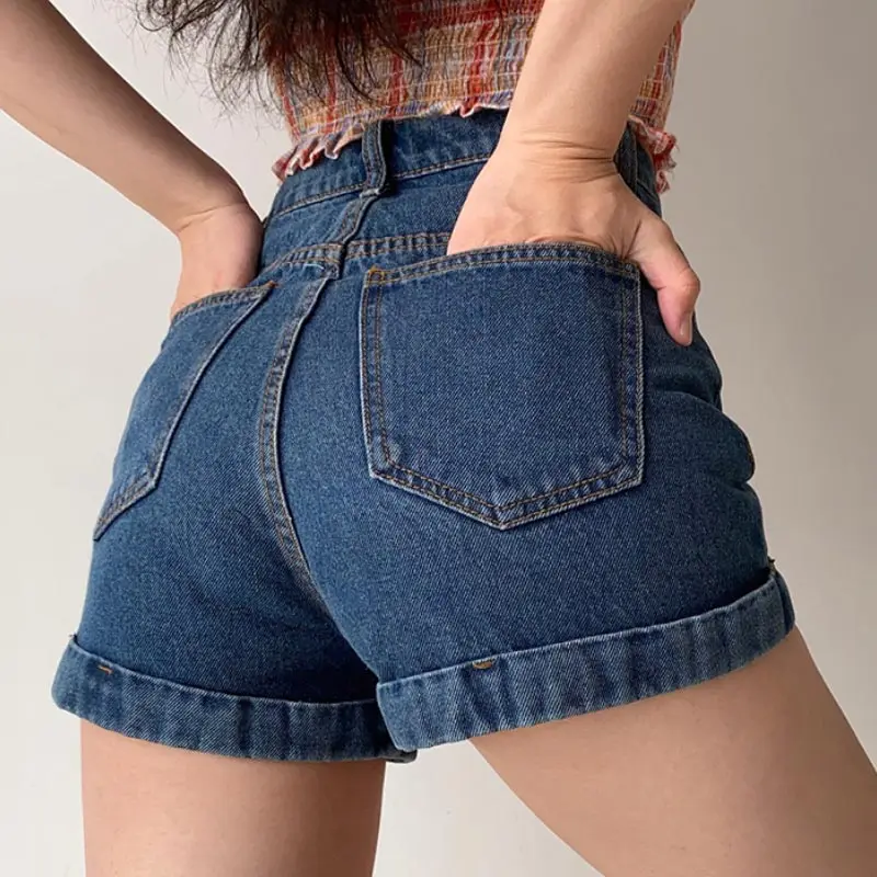 High Waist Crimping Denim Shorts for Women Summer Blue Retro Curled Wide Leg Hot Pants Casual Jeans Slim Fit Y2K Clothing