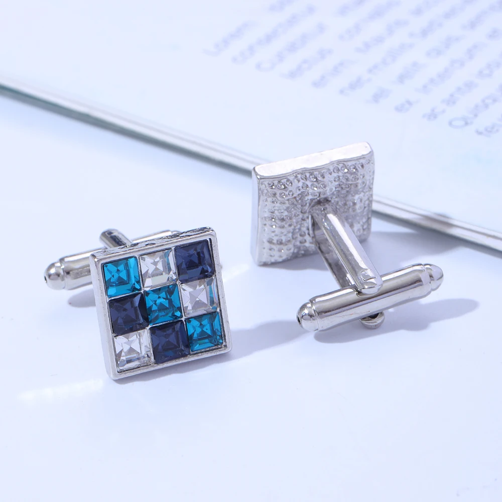 Gemelos de diamantes de imitación para hombre, gemelos de camisa plateados de cristal, azul, verde, blanco, marca de moda, alta calidad, lujo,