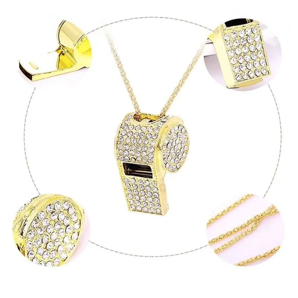 Shining Whistle with Lanyard Crystal Rhinestone Whistle Chain Double Layered Gold Bling Whistle For Referees, Coaches, Teachers