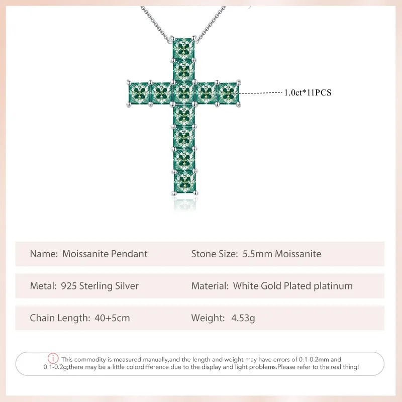 Follow Cloud 5.5mm 11 Carats Green All Moissanite Diamond Cross Pendant Necklace for Women Sterling Silver S925 Fine Jewelry