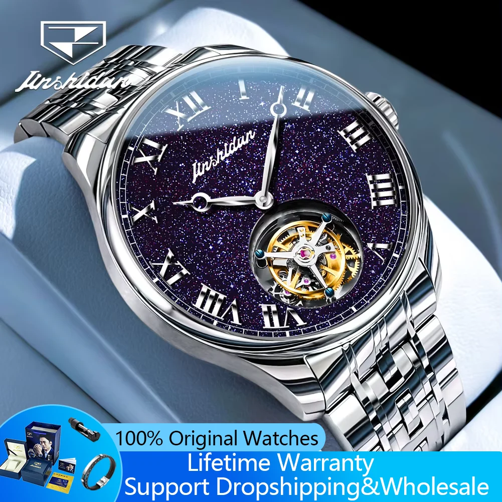 Relojes Jinshidun Real Tourbillon para hombre, reloj mecánico automático de edición limitada para hombre, reloj de lujo a la moda con cielo estrellado para hombre
