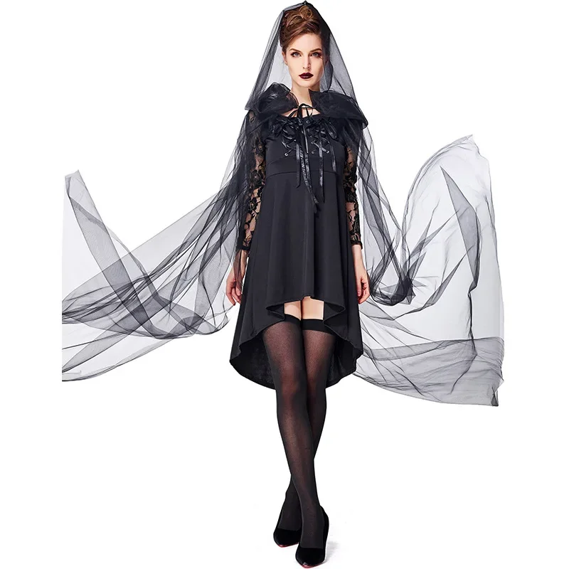 

Black Gothic Sorceress Costume Ghost Bride Cosplay for Women Halloween Purim Party Costumes Fancy Dress Long Cloak