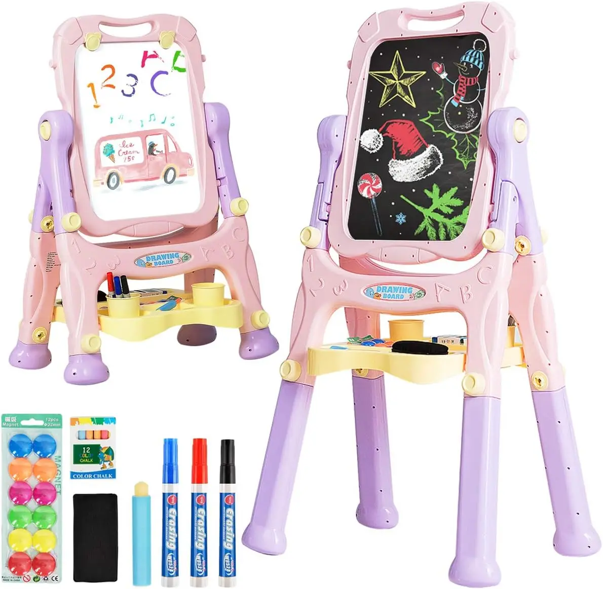 Art Easel for Kids, 360° Rotate Adjustable Double Side Standing Toddler Portable Magnetic Drawing Set with Chalkboard