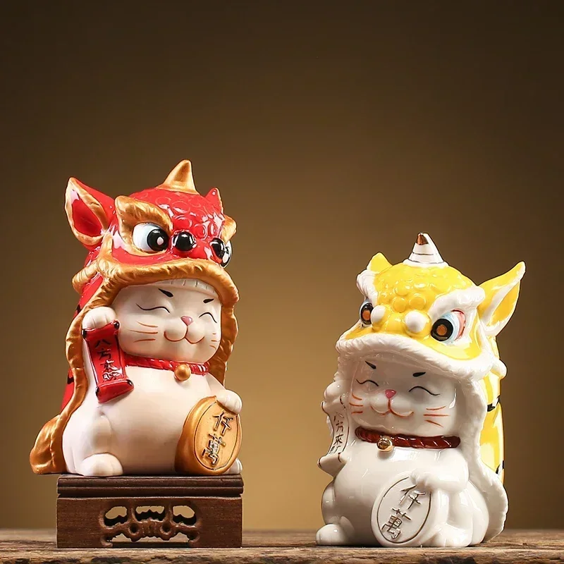 

Chinese-style Ceramic Lion Figurines Dance Lucky Cat Ornaments Home Living Room Wine Cabinet Ornament Desk Decor Craft Miniature