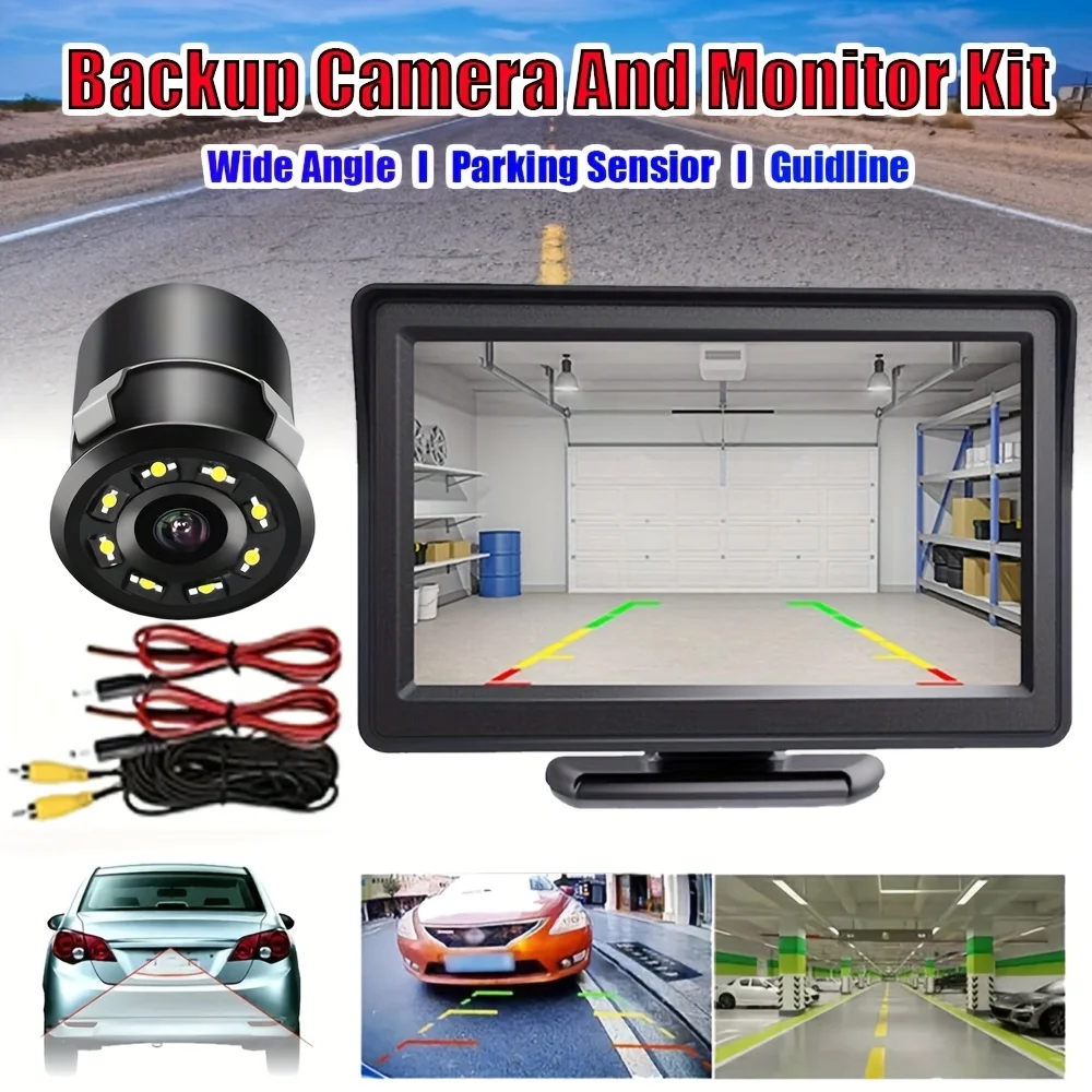 10.92cm Monitor Backup Camera Kit with Wide Angle Lens-8 LED Lights, Reversing Rearview System for Cars,Trucks,SUVs,Campers,Vans