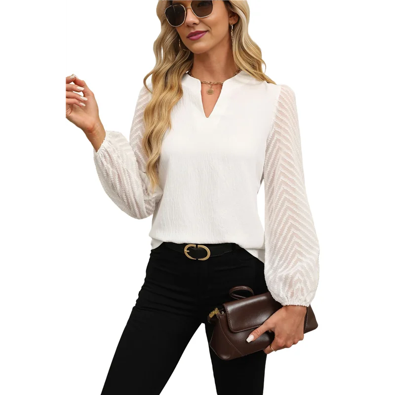 ASDS-dames tops chic casual pure lange mouwen V-hals shirts losse flowy chiffon zakelijke werkblouses