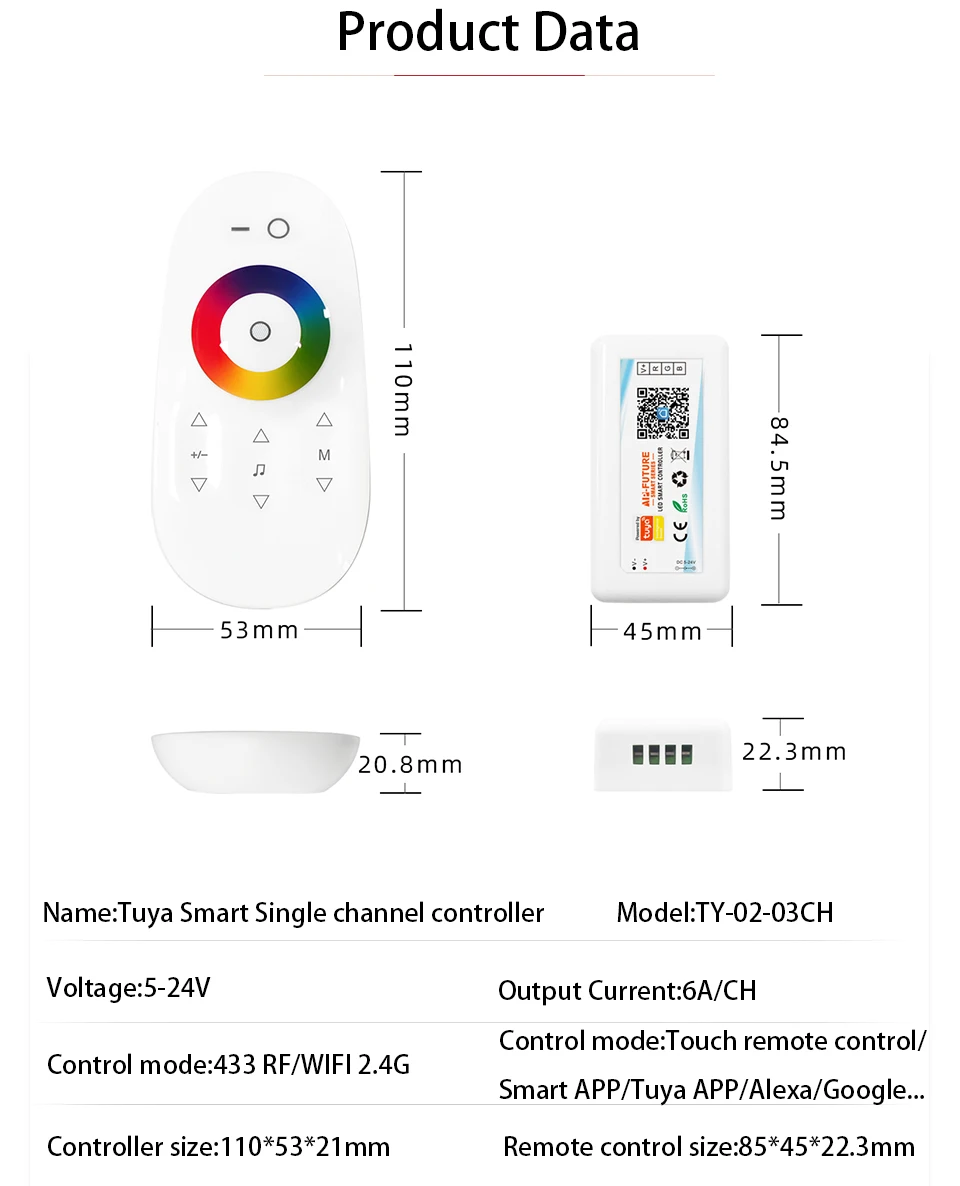 Sterownik LED Tuya Smart Life Home DC5V12V24V 6A/CH Max15A DIM CCT RGB do taśm LED, WiFi, sterowanie 2.4G pilotem/aplikacją/Alexą — zdjęcie 4
