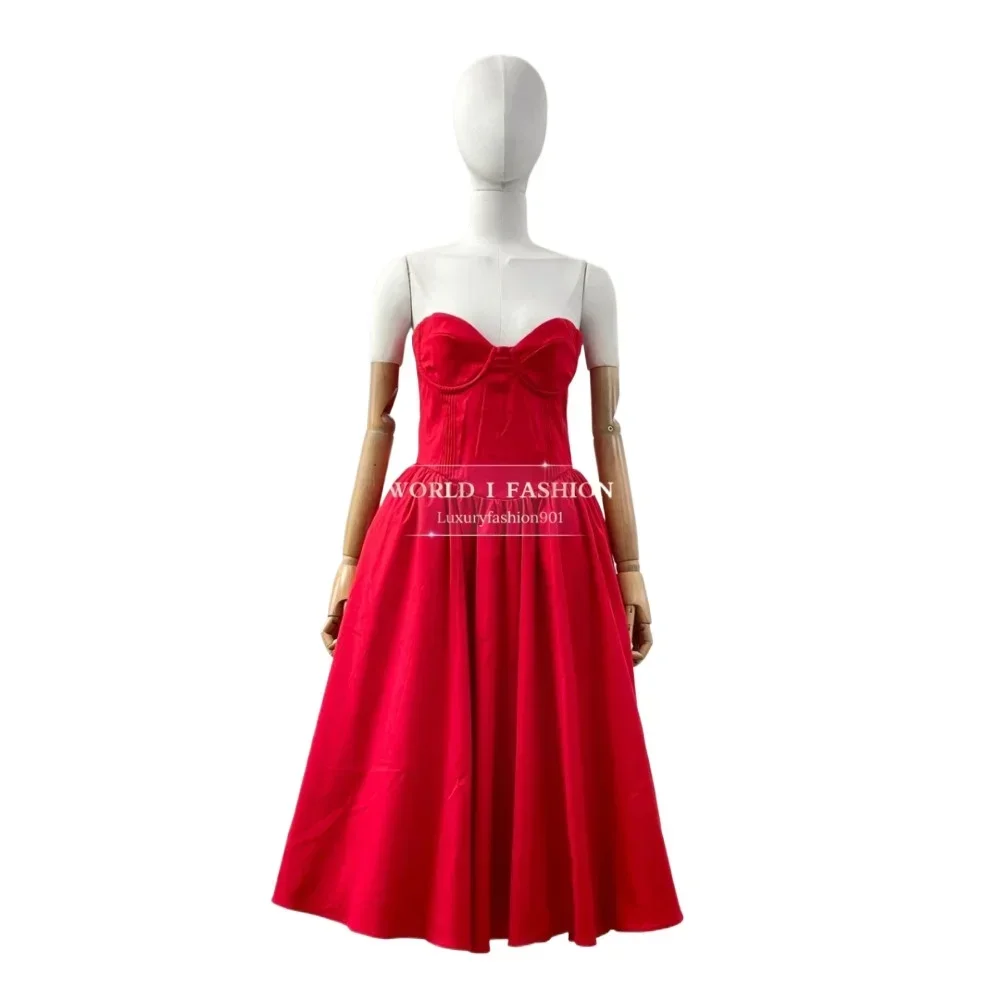 

Woman Clothes Red Sleeveless Tube High Quality Midi Dress 2025 for Party Dresses