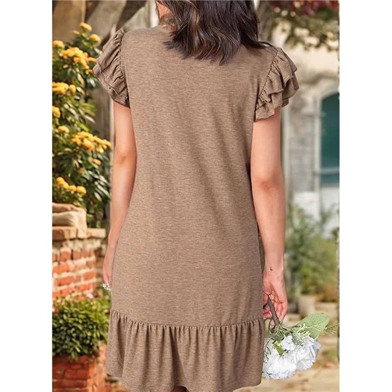 A83F-femmes robes d'été à volants manches courtes smocké col en V décontracté ample a-ligne balançoire Mini robe robe d'été