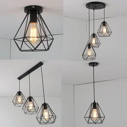 Retro Loft lampy wiszące diamentowa klatka żelazna wiszące lampy sufitowe amerykańskie oświetlenie kuchni przemysłowe żyrandole do salonu