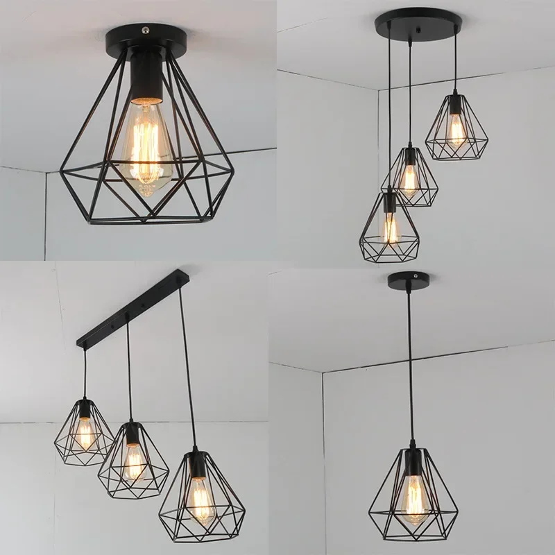 Retro Loft Pendant Lamps Diamond Iron Cage Hanging Ceiling Lights American Kitchen Lighting Industrial Living Room Chandeliers