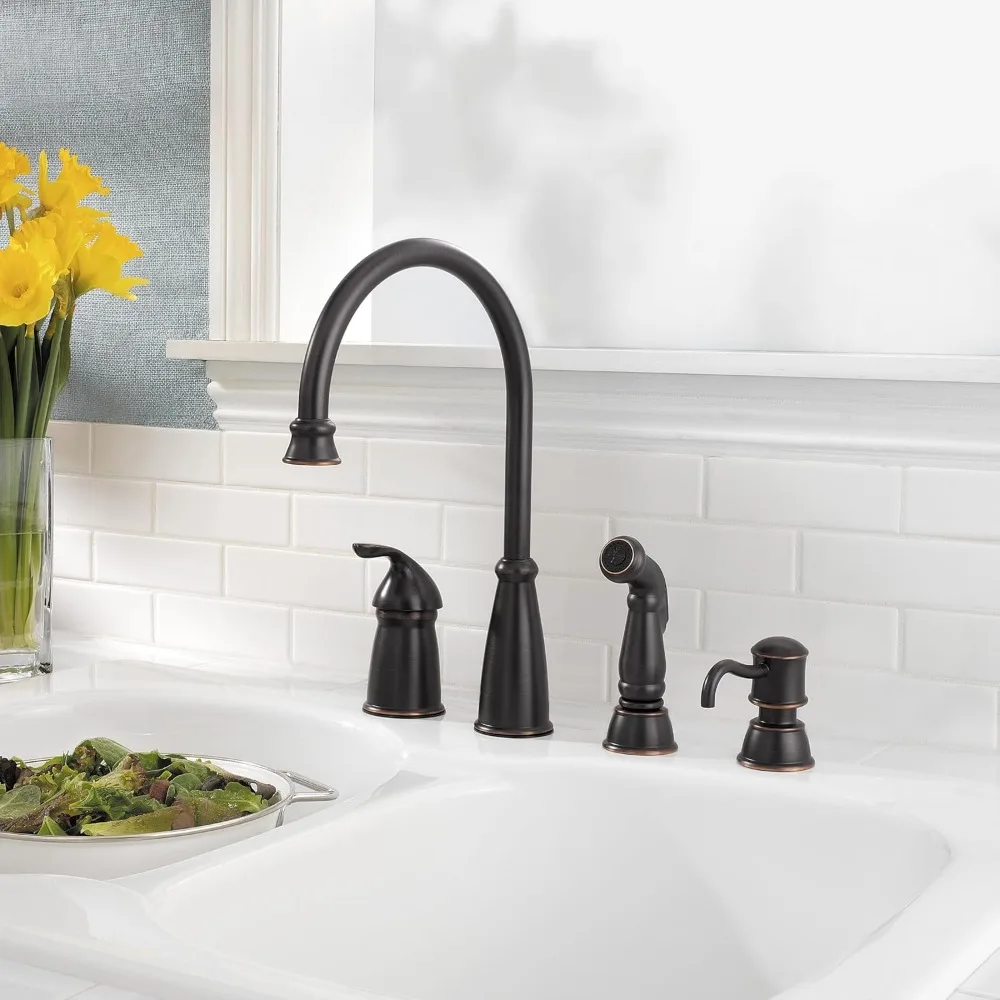 Kitchen Sink Faucet with Side Sprayer and Soap Dispenser, Single Handle, High Arc, Tuscan Bronze Finish