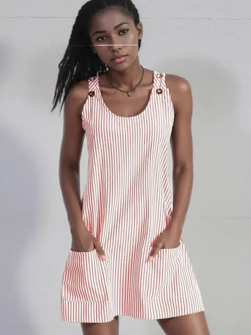 여름 패션 스트라이프 패치워크 출퇴근용 U넥 민소매 포켓 백 버튼 캐주얼 스트레이트 슬리밍 미니 드레스 여성 5JL9