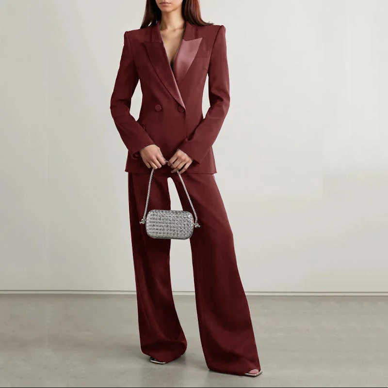 Women\'s 2-Piece Suit New Fashion Double Breasted Solid Color Slim Fit (Top + Pants) Casual and Floor Pants for Business Elegant