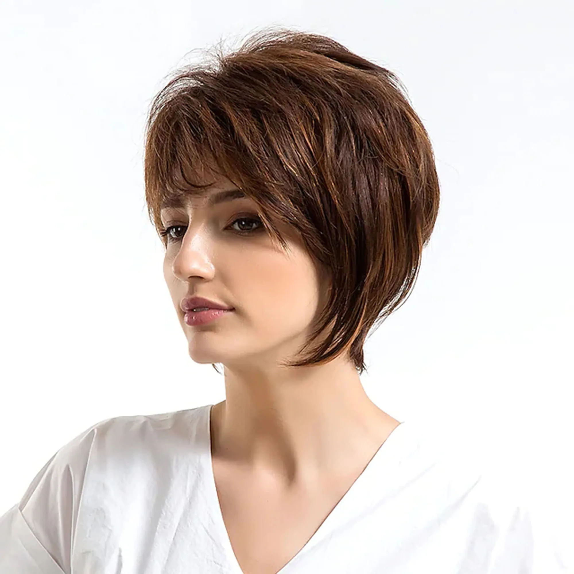 Human Hair Blend Wig Pixie Cut Short Wavy Dark Brown Natural Hairline Capless Wigs with bangs Women's Brown 10 inch