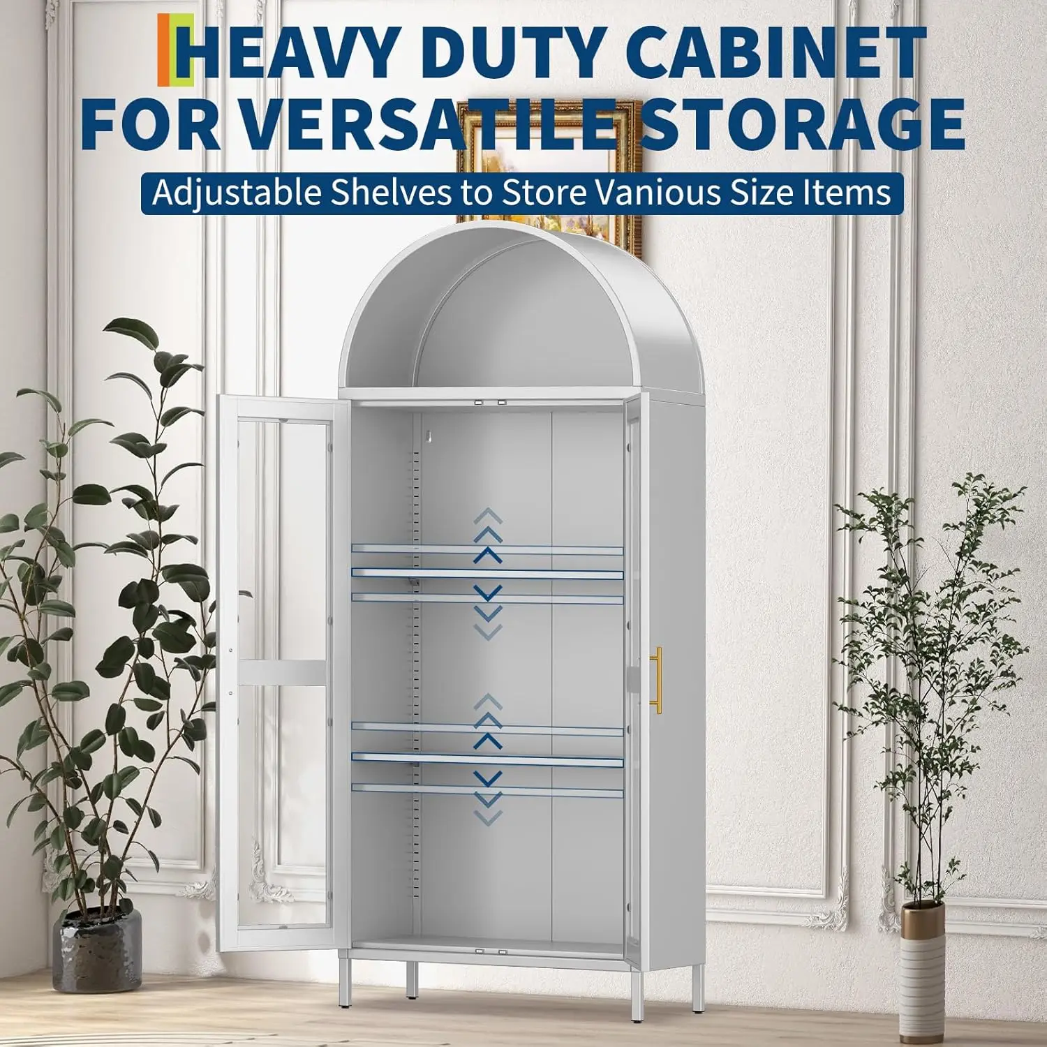 خزانة تخزين معدنية مقوسة مقاس 73 بوصة مع باب زجاجي ورفين قابلين للتعديل، وحدة تخزين قوسية لغرفة المعيشة وغرفة الطعام