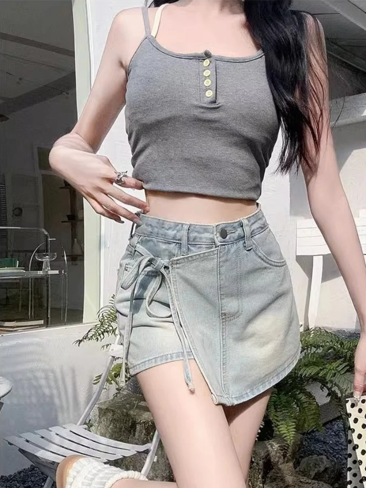 Women's Summer A Line High Waist Petite Short Denim Skort With Irregular Tie Strap Two Piece Design