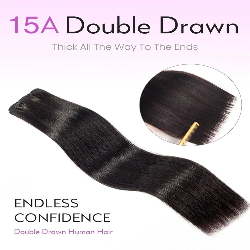 15A ダブルドローイングストレート人毛束 未処理バージンブラジリアン生毛束 100%人毛エクステ 最高品質